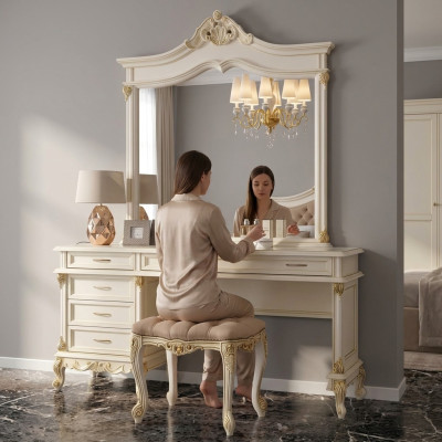 Schminktisch mit Spiegel Luxus Konsole Kommode Schlafzimmer Barock Rokoko Massivholz