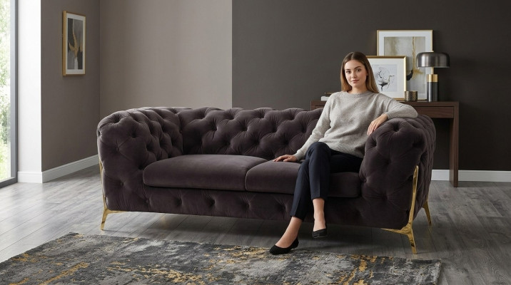 Chesterfield Samt Designer Sofa 2 Sitzer Couch Textil Samt Garnitur Gold Beine