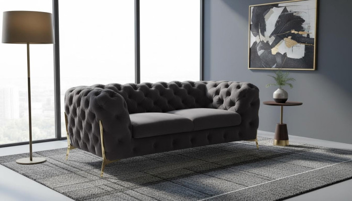 Chesterfield Samt Designer Sofa 2 Sitzer Couch Textil Samt Garnitur Gold Beine