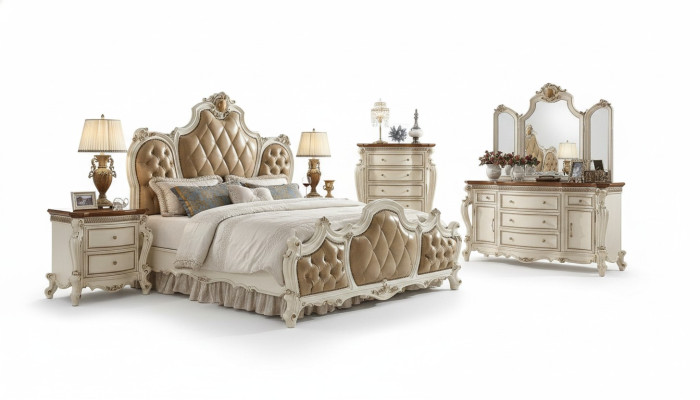 Klassisches Bett Doppelbett Design Bett 2x Nachttische Holz Betten Neu