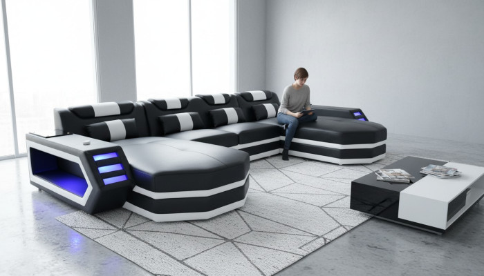 Ledersofa Sofa Modernes Polster Leder Wohnlandschaft Design Ecksofa Couch Stoff
