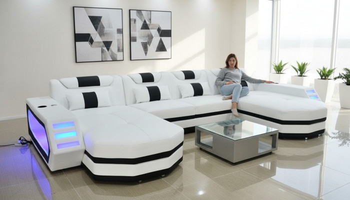 Ledersofa Sofa Modernes Polster Leder Wohnlandschaft Design Ecksofa Couch Weiß
