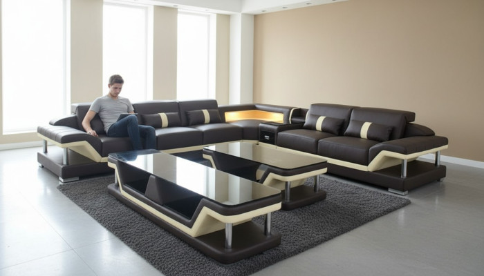 Moderne Design Wohnlandschaft Sofa Ecksofa Polster Couch rtv Couchtisch Leder