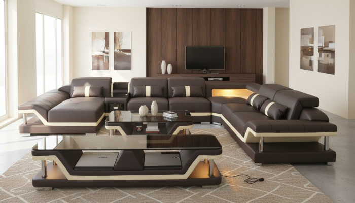 Moderne Design Wohnlandschaft Sofa Ecksofa Polster Couch rtv Couchtisch Leder