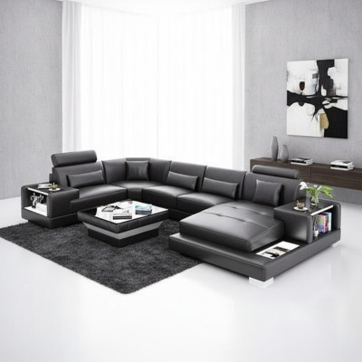 Ecksofa Wohnlandschaft Eckcouch Couchtisch Sofa U-Form Ledersofa Couch 2tlg. Neu
