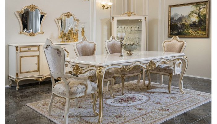 Klassisches Esszimmer Esstisch Vitrine 4x Stuhl Essgruppe Kommoden 7tlg.