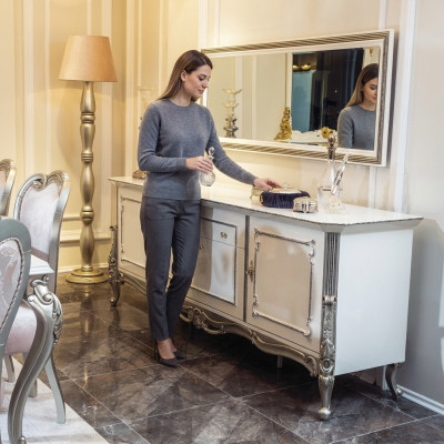 Sideboard Weiß Silber Anrichte Konsolen Kommode Italienischer Stil 2tlg. Spiegel