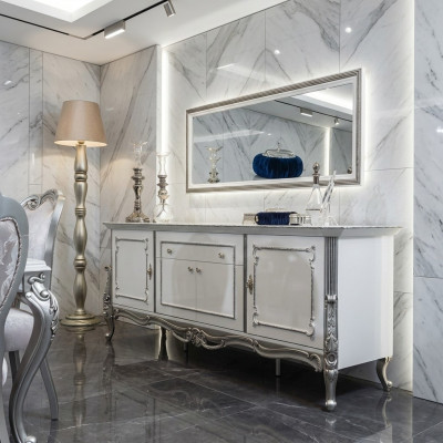 Sideboard Weiß Silber Anrichte Konsolen Kommode Italienischer Stil 2tlg. Spiegel