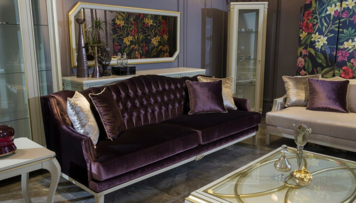 Lila Chesterfield Barock Möbel Dreisitzer Sofa Textil Couch Neu