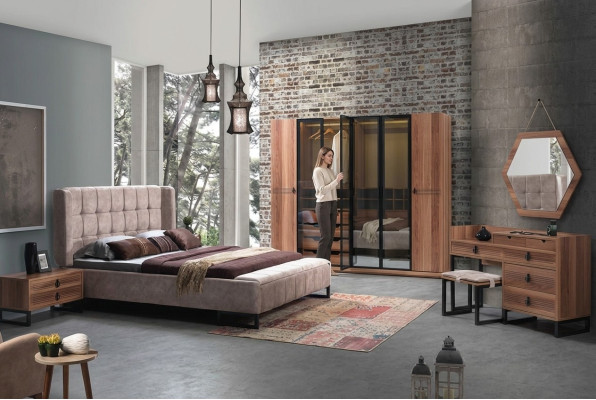 Schlafzimmer Set 5tlg. Luxus Bett 2x Nachttisch Kommode Kleiderschrank Holz Neu