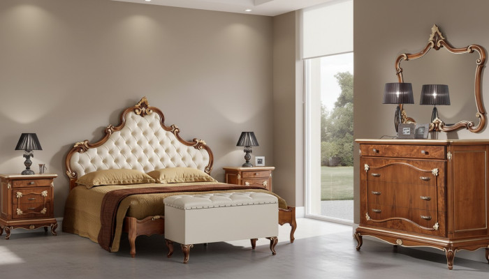 Schlafzimmer Komplettes Set Bett 2x Nachttisch Kommode Spiegel Sessel 6tlg Italy