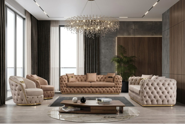 Chesterfield Sofagarnitur 3+3+1+1 Sitzer Garnitur Sofa Sessel Sofas Leder Beige