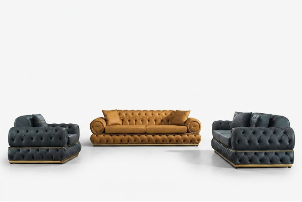 Sofagarnitur 3+3+1 Sitzer Garnitur Sofa Sessel Sofas Leder Luxus Chesterfield