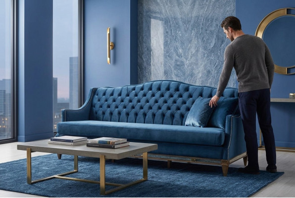 Blauer Chesterfield Dreisitzer Relax Lounge Sofa Wohnzimmer 3-Sitzer