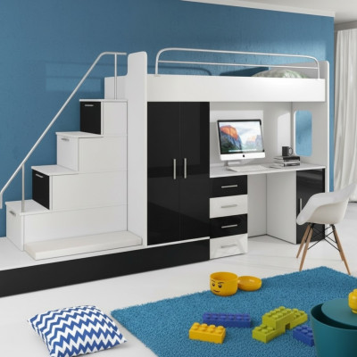 Schwarz Kinder Hochbett Etagenbett Doppelstockbett Bett Hochglanz