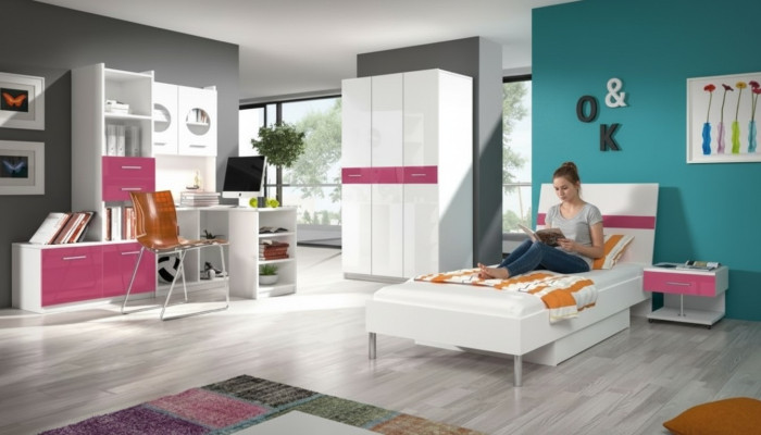 Bett + Nachttisch Schlafzimmer Jugendzimmer Kinderzimmer Set Möbel Pink 2tlg.