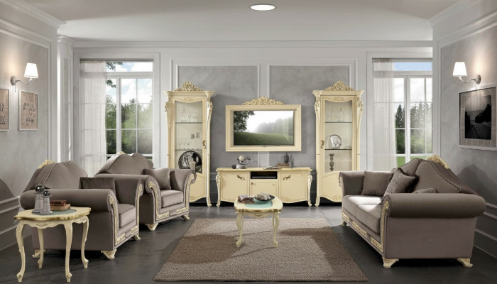 tv Schrank Holz rtv wohnwand Wohnzimmer Klassische Design Set 2tlg. Beige Neu