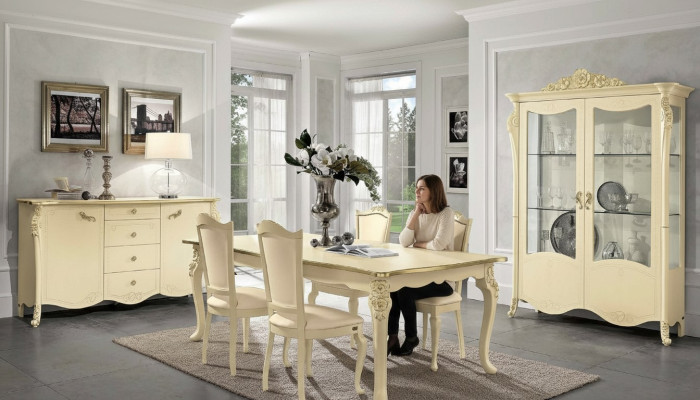 Esszimmer Beige Esstisch 4x Stühle Kommode Vitrine Gruppe Garnitur Möbel 7tlg