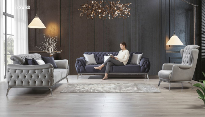 Sofa Blau 3 Sitzer Wohnzimmer Luxus Design Chesterfield Italienischer