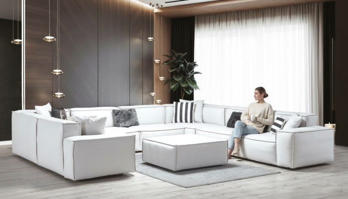 Ecksofa U-Form Weiß Wohnlandschaft Couch Polster Eckgarnitur Eckgarnitur Sofa