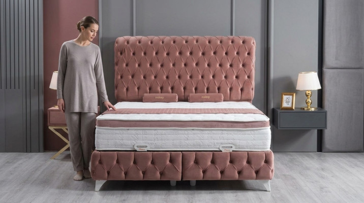 Boxspring Rosa Chesterfield Bett Elegantes Design Luxus 2x Nachttische 3tlg.