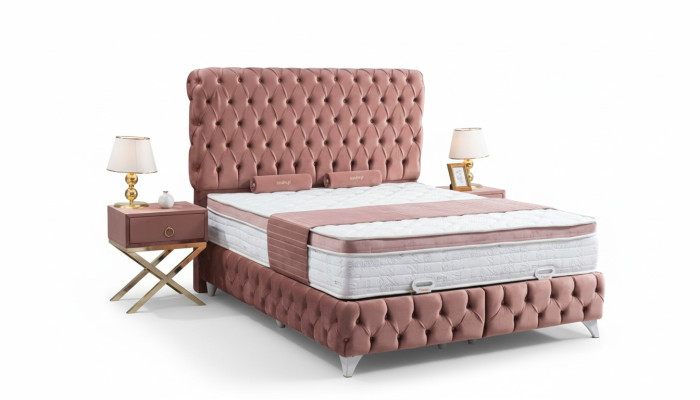 Boxspring Rosa Chesterfield Bett Elegantes Design Luxus 2x Nachttische 3tlg.