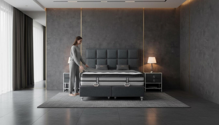 Schlafzimmer Set Grau Bett Design Modern Luxus 2x Nachttische 3 tlg