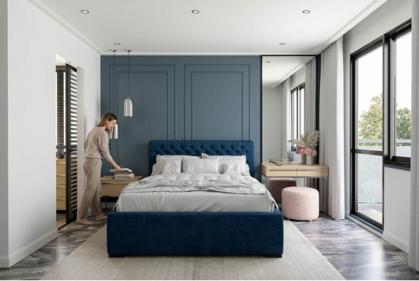 Bett Blau Modern Design Stoff Polster Schlafzimmer Doppelbett Holz Elegantes Neu
