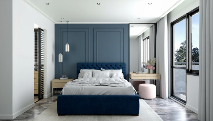Bett Blau Modern Design Stoff Polster Schlafzimmer Doppelbett Holz Elegantes Neu
