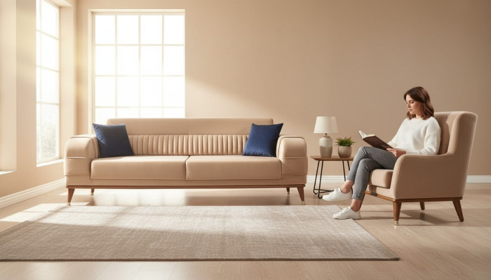 Moderne Sofa 3 Sitzer Farbe Beige Sofas Wohnzimmer Design Stil Holz