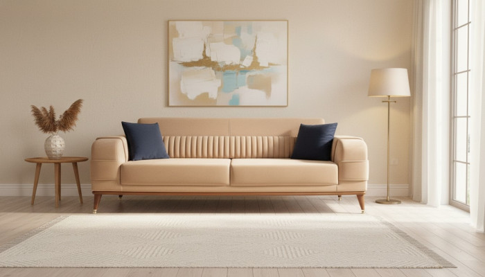 Moderne Sofa 3 Sitzer Farbe Beige Sofas Wohnzimmer Design Stil Holz