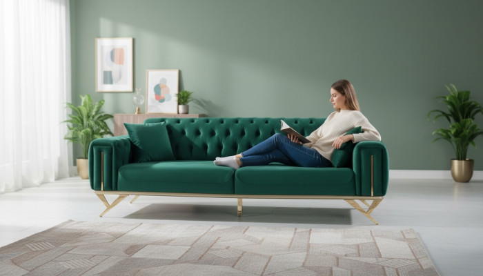 Grüne Chesterfield Couch Dreisitzer Sitzpolster Sofa Möbel Samt Holz