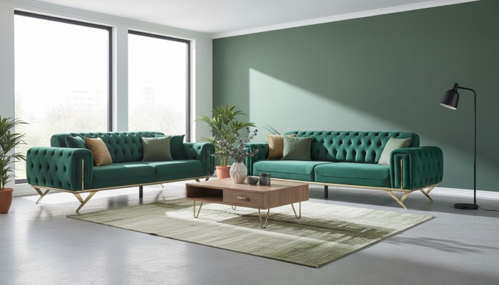 Grüne Chesterfield Couch Dreisitzer Sitzpolster Sofa Möbel Samt Holz