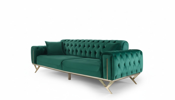 Grüne Chesterfield Couch Dreisitzer Sitzpolster Sofa Möbel Samt Holz