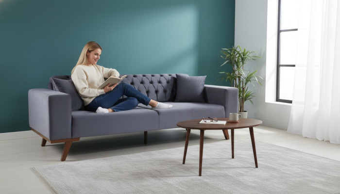 Design Sofa Dreisitzer Moderne Couch grau Möbel Polster Holz