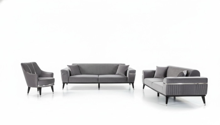 Sofagarnitur 3+3+1 Sitzer Sofa Sofas Sessel Stoff Holz Graue Couchen