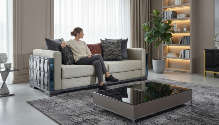 Dreisitzer Luxus Sofa 3 Sitz Sofas Sitz Design braun Metall mit Textil
