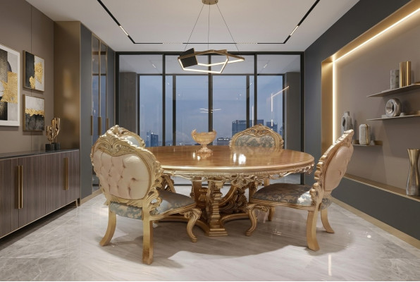 5-teiliges klassisches Esszimmer-Set mit rundem Tisch und Stühlen