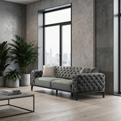 Sofa 3 Sitzer Dreisitzer Sofas Stoff Grau Wohnzimmer Chesterfield Neu
