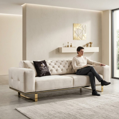Dreisitzer Chesterfield Sofa 3 Sitz Sofas Weiß Stoff Wohnzimmer Luxus