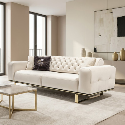 Dreisitzer Chesterfield Sofa 3 Sitz Sofas Weiß Stoff Wohnzimmer Luxus