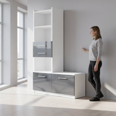 Regal Schrank Bücherschrank für Kinderzimmer Jugendzimmer Grau Weiß Hochglanz