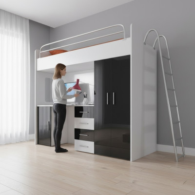 Schwarz Doppelstockbett Holz Etagen Bett Mädchen Hochglanz Schreibtisch Schrank