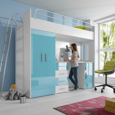 Blau Doppelstockbett Holz Etagen Bett Mädchen Hochglanz mit Schreibtisch Schrank