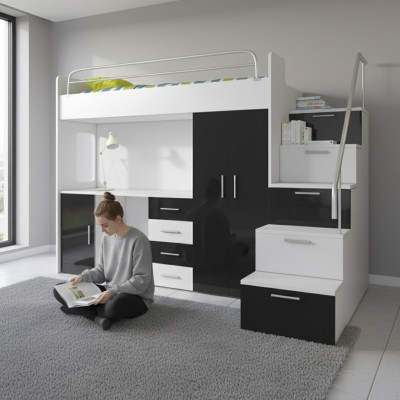 Doppelstockbett Schwarz Tisch Schrank Multifunktion Etagen Hochbett Kinderzimmer