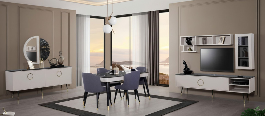 Komplette Essgarnitur 7tlg. Esszimmer Anrichte Set Modern Tisch 4x Stühle rtv