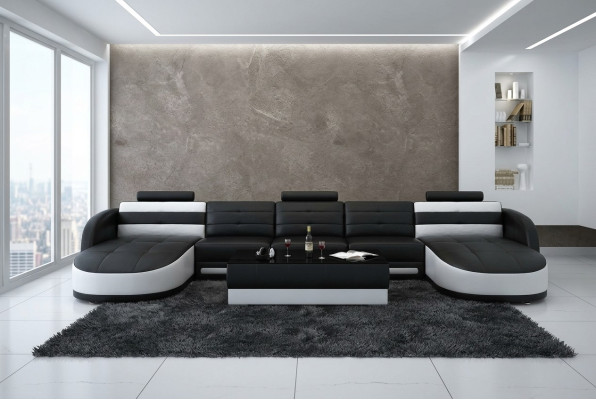 Design Leder Wohnlandschaft Eck Sofa Moderne Garnitur Couch Ecke USB Neu Schwarz