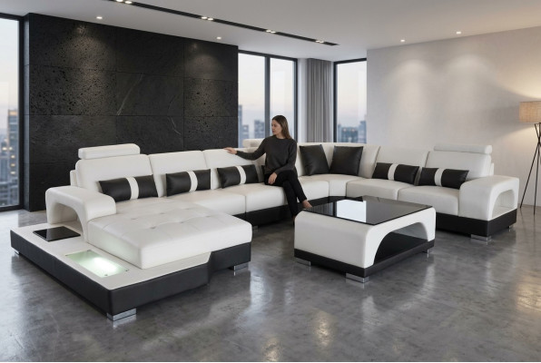 Ecksofa Eckgarnitur Design Eckcouch Sofa Couch Polster Wohnlandschaft LED USB