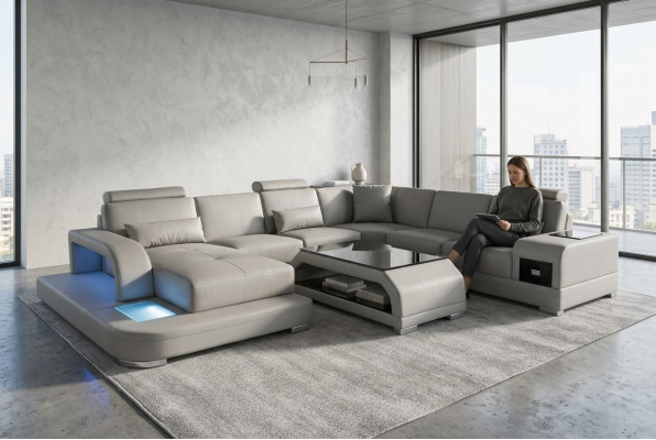 Eck Sofa mit USB Polster Couch Sitz Grau Leder Garnitur Moderne Wohnlandschaft