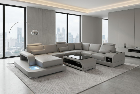 Eck Sofa mit USB Polster Couch Sitz Grau Leder Garnitur Moderne Wohnlandschaft